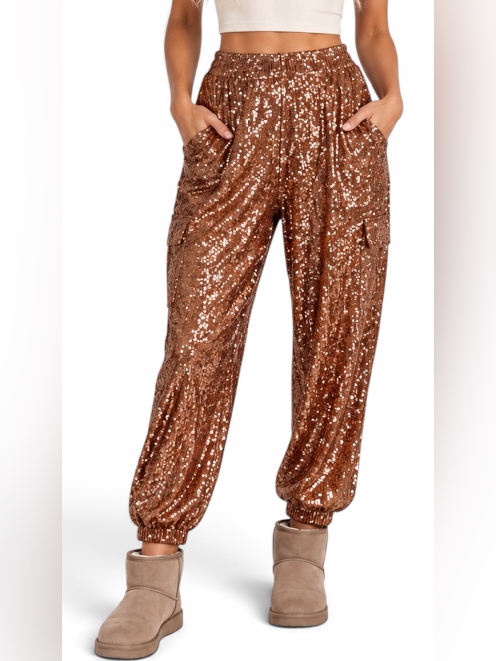 NWT – Free People – Morelia Sequin Jogger Pants – Bronze – Sz. S